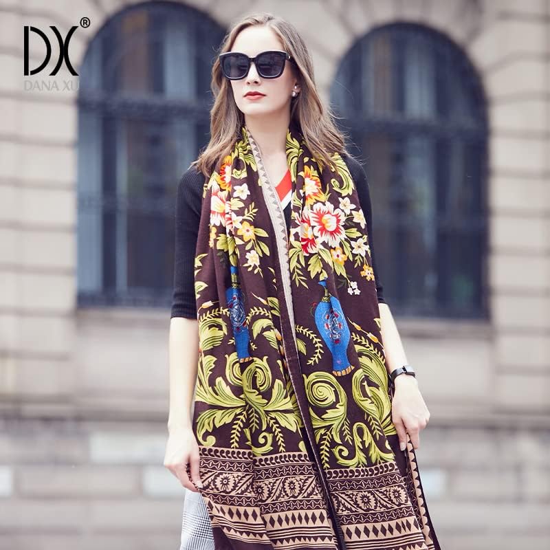 DANA XU 100% Merino Wool Pashmina Shawl for Women 96"x43", Oversized Cashmere Wrap with Tassels, Floral Travel Blanket Cape - Image 9