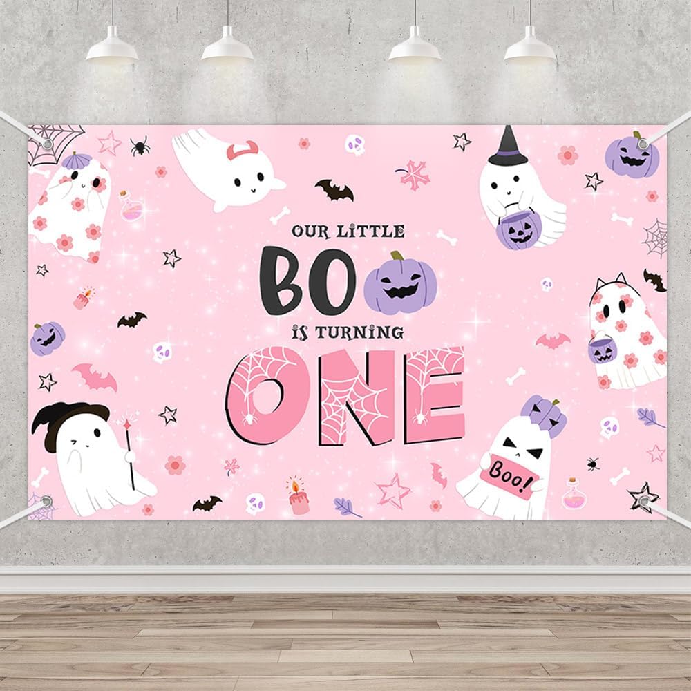 MEHOFOND Halloween 1st Birthday Backdrop Banner Pink Our Little Boo is Turning One Photography Background Pumpkin Spider Web Bat Girls Booday First Birthday Party Decor Photo Props 70.8x43.3Inch