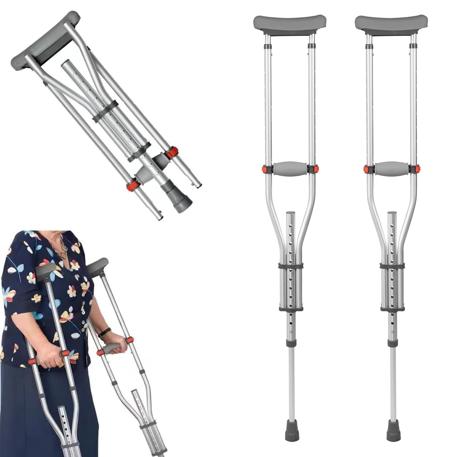 Stampelle regolabili, in alluminio, 150kg, per anziani | 13 posizioni; antiscivolo; leggere e stabili.
