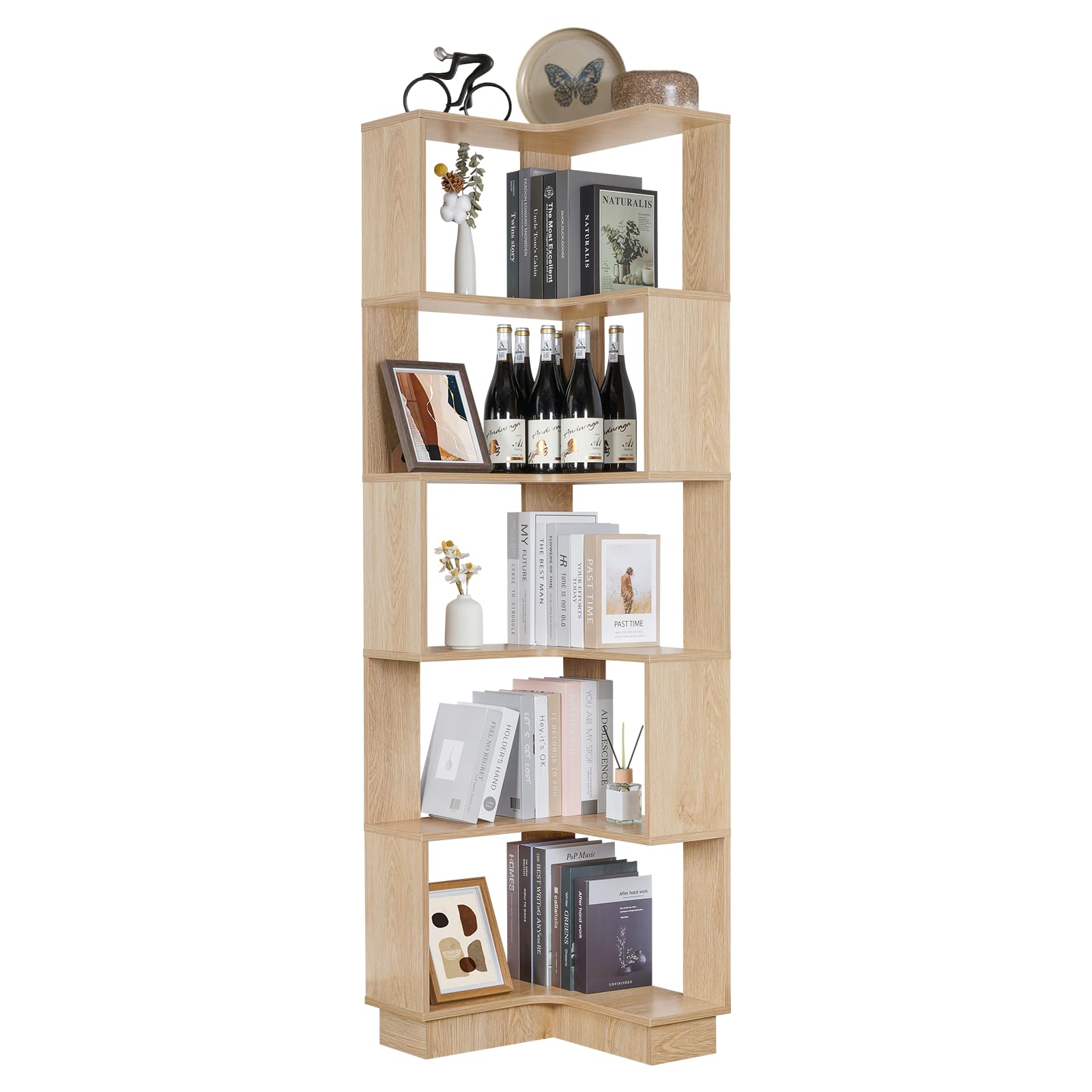 Nisorpa 5 Tier Corner Bookcase Floor Standing, Wooden Corner Bookshelf Unit, Tall Corner Shelf Unit Display Cabinet for Living Room Bedroom Office