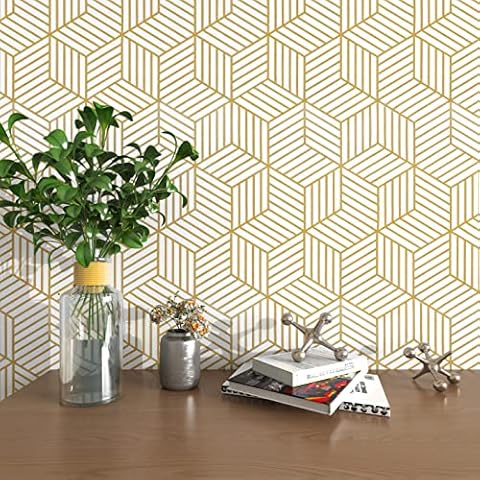 MelunMer Gold Geometric Wallpaper Peel and Stick Wallpaper Removable 17.7”×512” Self Adhesive Wallpaper for Bedroom/Bathroom Waterproof Gold and White Modern Contact Paper for Cabinets Drawers Hexagon Cover