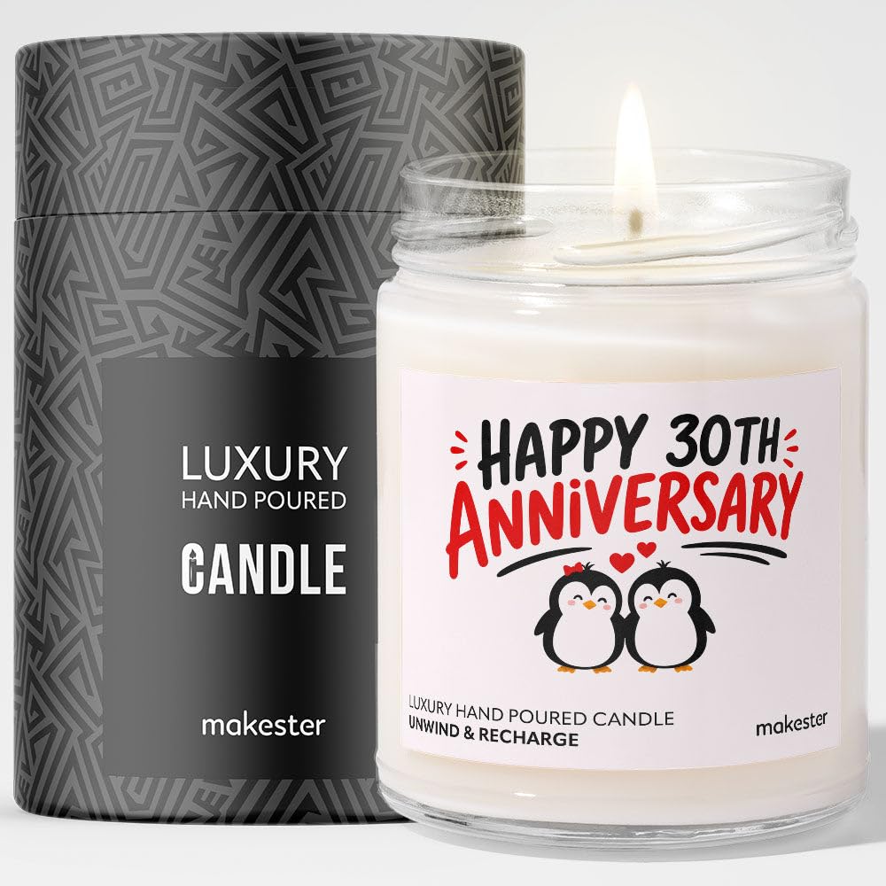 Makester White 30Th Wedding Anniversary Candle Gift - Luxury Soy Wax Candle - Vanilla, Jasmine, Sugared Almond