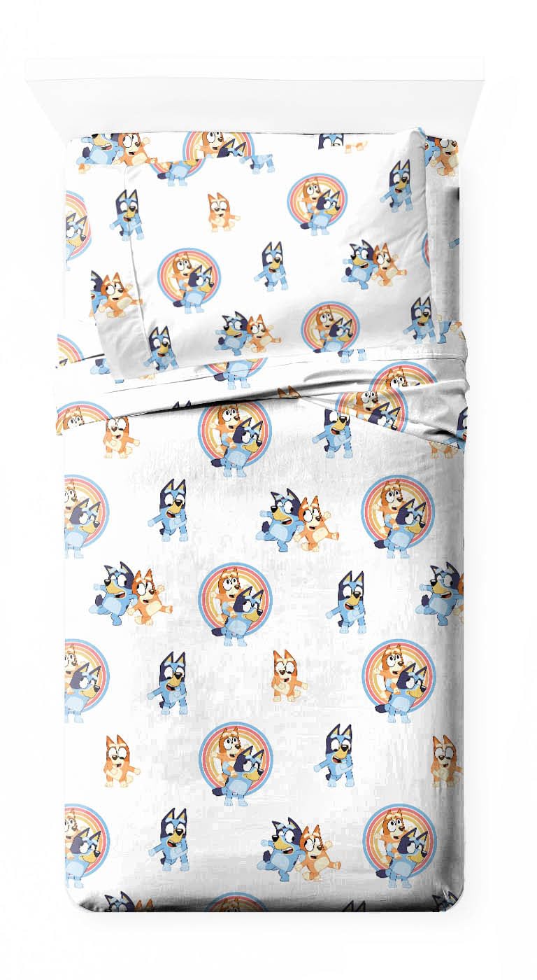 saturday park bluey and bingo rainbow clouds twin sheet set - 3 piece 100% organic cotton sheets with pillow cover- gots & oeko-tex certified