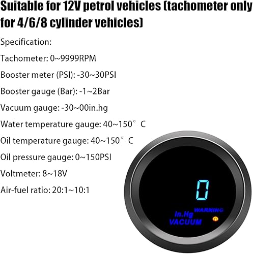 Miniatura 3 de AUCELI Medidor de vacío digital para automóvil, kit de medidor universal, 2 "2.047 in y pantalla de luz LED azul