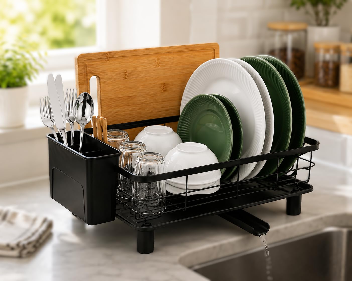 ToughHub Dish Drainer Rack for Kitchen Counter & Sink – Space Saving Drainboard Rack, Black Anti-Rust Metal Dish Drying Rack with Drip Tray, 360° Rotating Drain Spout & Cutlery Holder