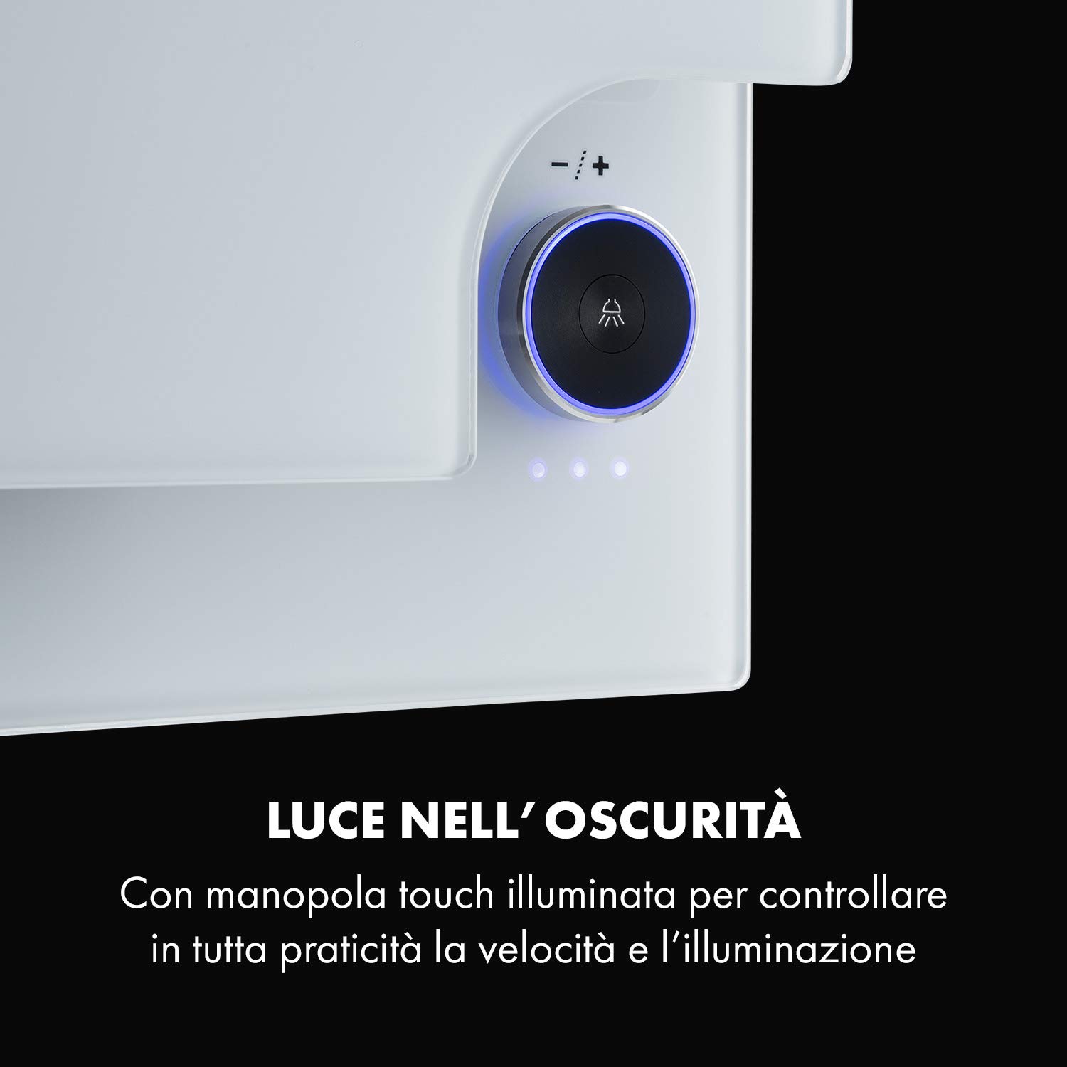 Klarstein Amelia - Cappa aspirante, Cappa a testa libera, Design piatto, 123 W, 586 m³/h, Illuminazione LED: 3 W, 3 livelli di potenza, Manopola touch illuminata, 60 x 47 x 23,5 cm, bianco