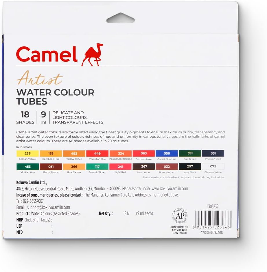 Camlin Kokuyo Artist's Water Color Box - 9ml Tubes, 18 Shades