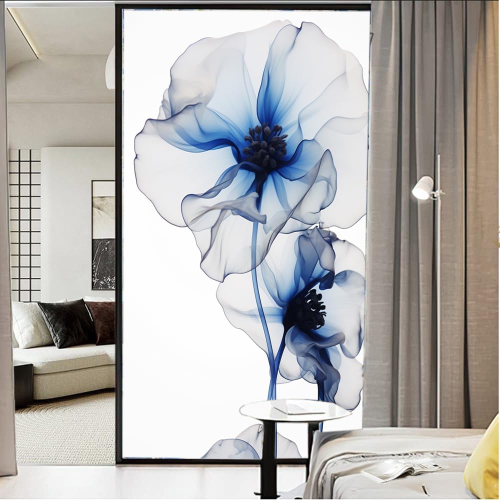 Modern Floral Flowers Stained Glass Window Film Blue Transparent Plants White Floral Window Privacy Film Self-Adhesive Glass Film Decorative Sticker Frosted Film for Home Office 27.6Wx47.2L inch