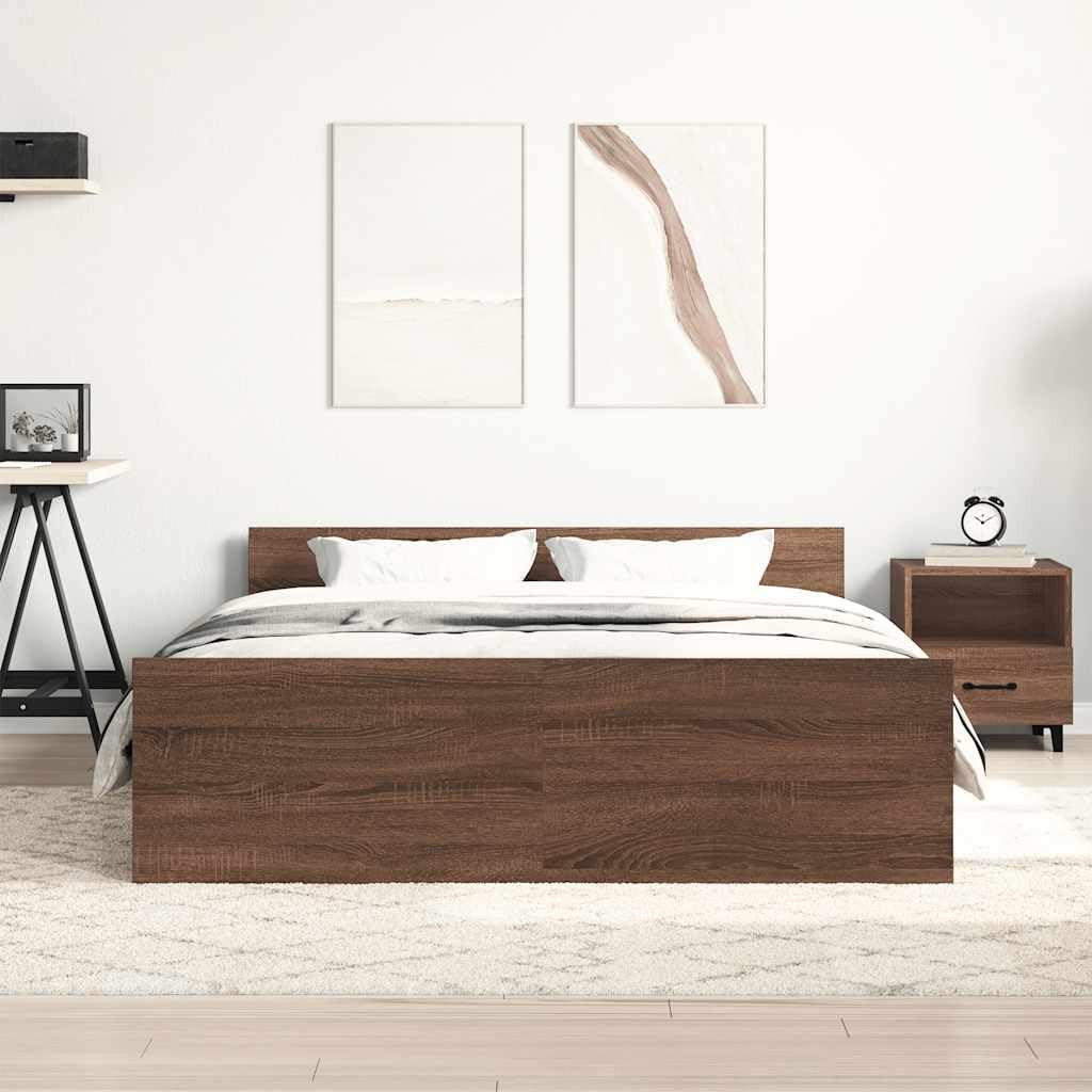 Trwała płyta drewnopochodna z wezgłowiem i zanóżkiem brąz 120x190 cm | Rama łóżka z wezgłowiem i zanóżkiem brązowy dąb 120x190 cm z listwami, solidna, stabilna, do sypialni i gościnnym pokoju, bez
