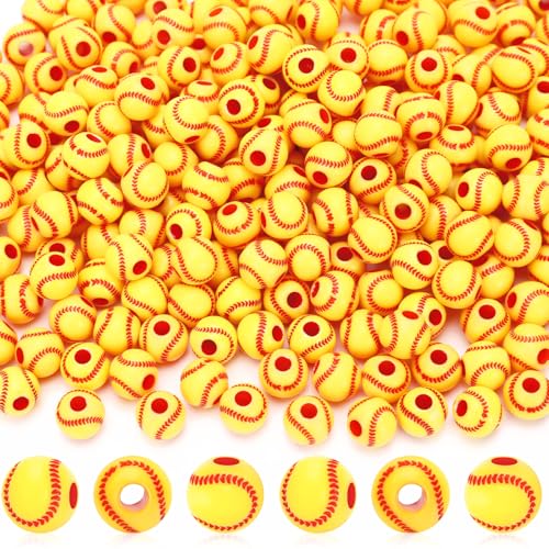 UPINS 300pcs Acrylic Softball Beads Charms Sports Ball Beads for Jewelry Making DIY Friendship Bracelet Keychains Necklace Accessories Softball Crafting Supplies