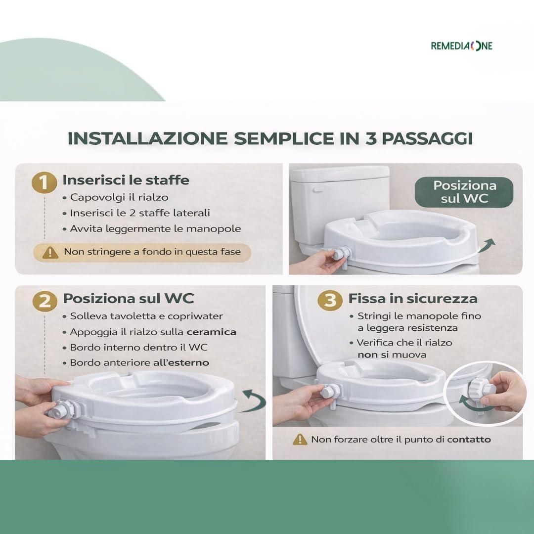 REMEDIA ONE - Rialzo WC per Anziani senza Coperchio, Alzata per Wc Regolabile, Alzawater per Protesi Anca, Seduta Ergonomica – Bianco, 10 cm