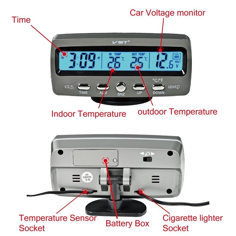 LCD Automoción Electrónico Relojes, Interior del Coche y Termómetro Exterior, Monitorización de Voltaje, Despertador, Multifuncional Mesa