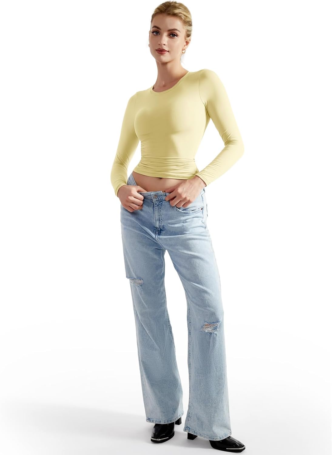 SUUKSESS Women Double Lined Fitted Basic T Shirts Crew Neck Long Sleeve Crop Top - Image 5