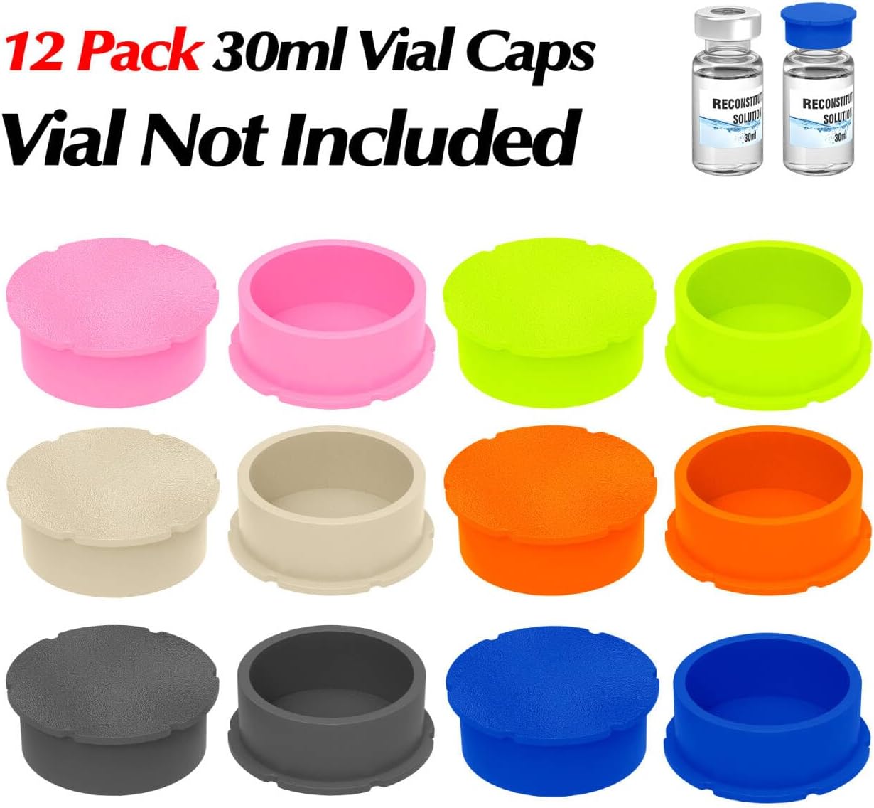 12 Pack 30ml Vials Protective Vial Caps for BAC Water – 6 Assorted Colors, Leak-Proof Dust-Resistant Lids for Flip Off Caps 30ml Glass Vials for Injection, Easy to Clean and Reusable