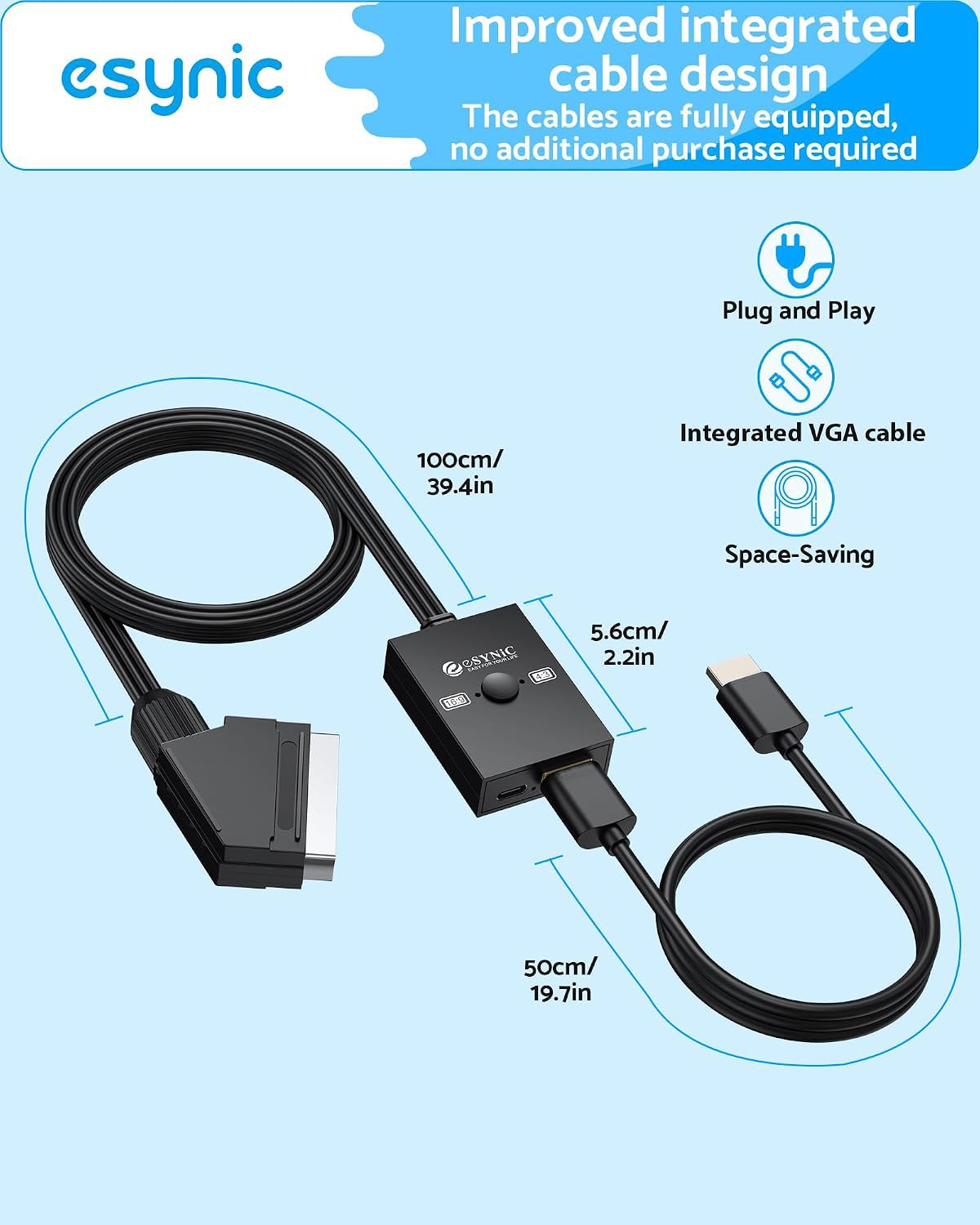 eSynic Câble convertisseur péritel vers HDMI avec commutateur 4:3/16:9, convertisseur audio vidéo 1080p pour HDTV, câble Plug & Play, prise en charge PAL/NTSC pour Wii/PS1/PS2/N64/Xbox
