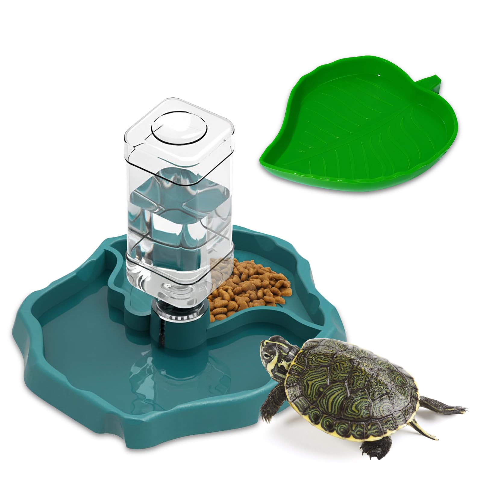 Rdunulioo 2-in-1 Reptile Automatic Food and Water Bowl with Leaf Plate Dish, Tortoise Water Bowl, Tortoise Accessories for Turtles, Geckos, Snakes, Frogs, Lizards, etc. Reptile Pets