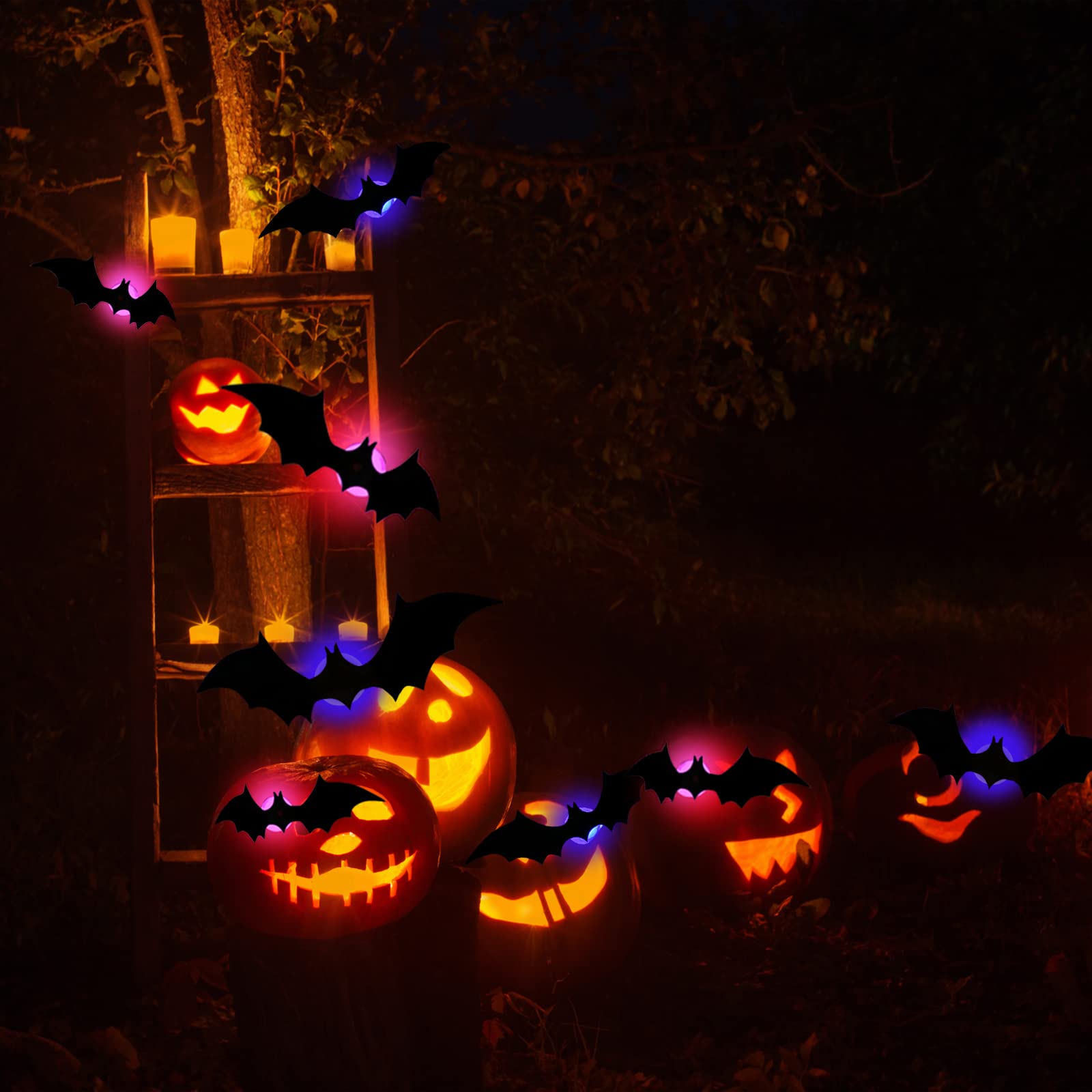 Déco Halloween Chauves-souris LED 3D - Lot De 24 Pièces Autocollantes - Lumière Rouge/bleue - Pour Intérieur Et Extérieur