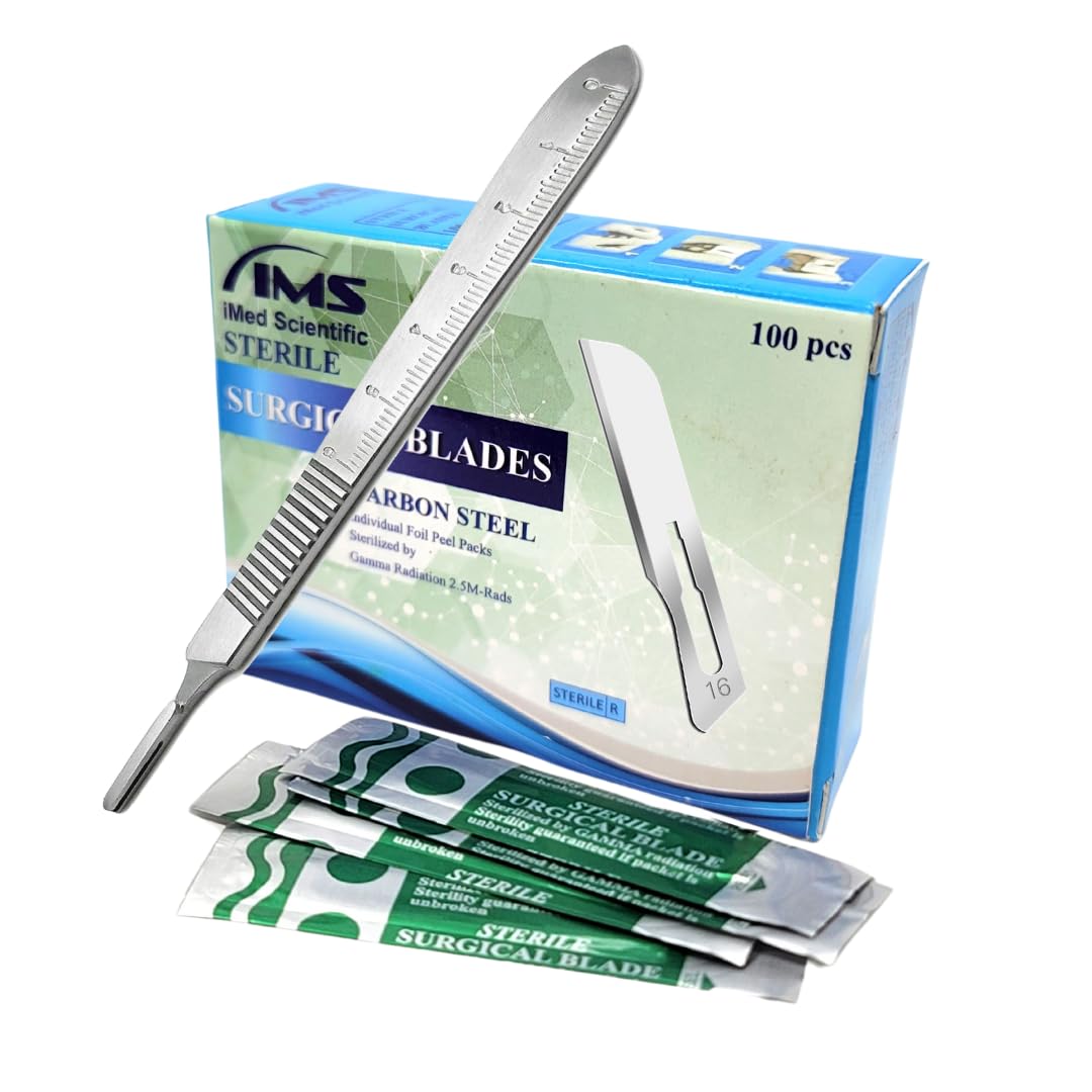 IMEDS Scalpel Blades #16 Sharp Carbon-Steel Sterile Pack of 100 with Free Stainless Steel Scalpel Handle #3 Graduated Kit to Make Finest Precision Cuts, Durable Quality for Experts & Professionals