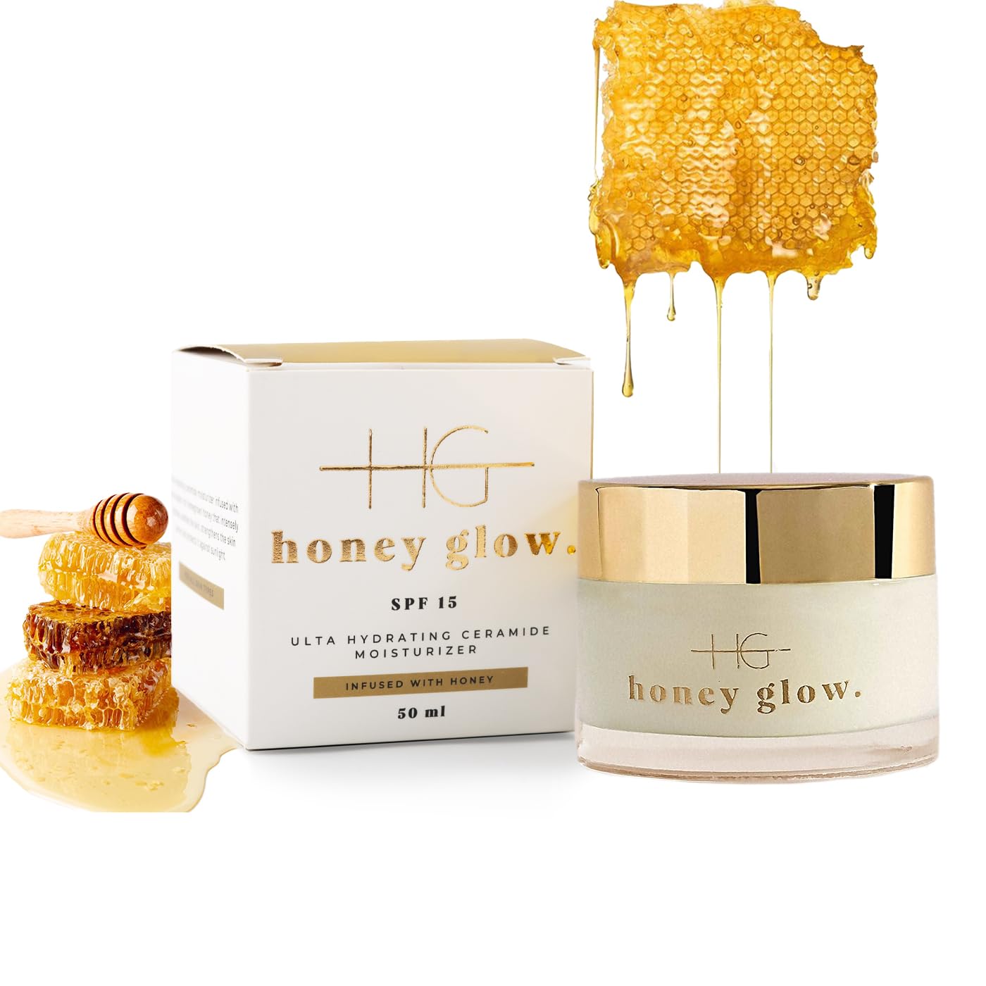 HoneyGlow ultra nawilżający ceramiczny krem do twarzy z miodem, wzmacnia barierę dla skóry i chroni przed światłem słonecznym, SPF15, sformułowany z niacynamidem, kwasem hialuronowym i