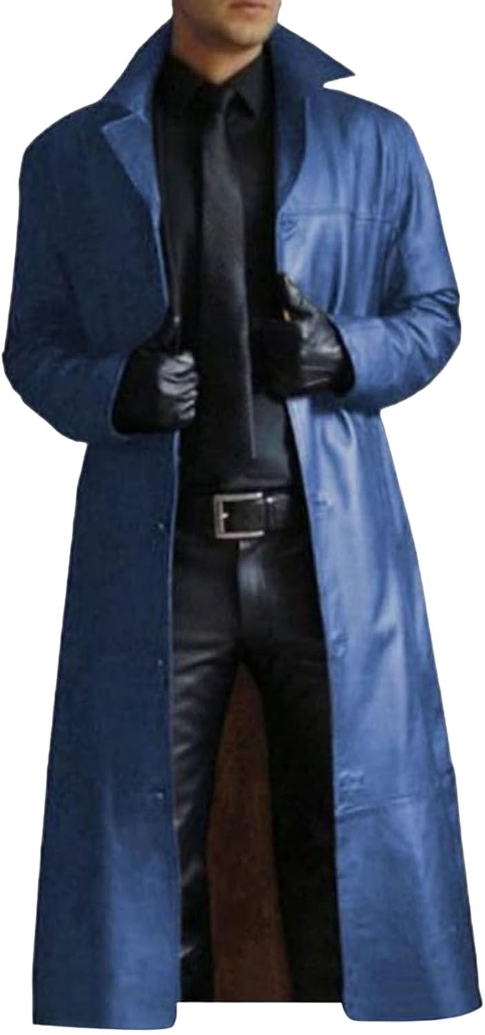 Mens Faux Leather Trench Coat WW2 Military Officer Uniform Overcoat Classic Retro Steampunk Jacket for Outdoor