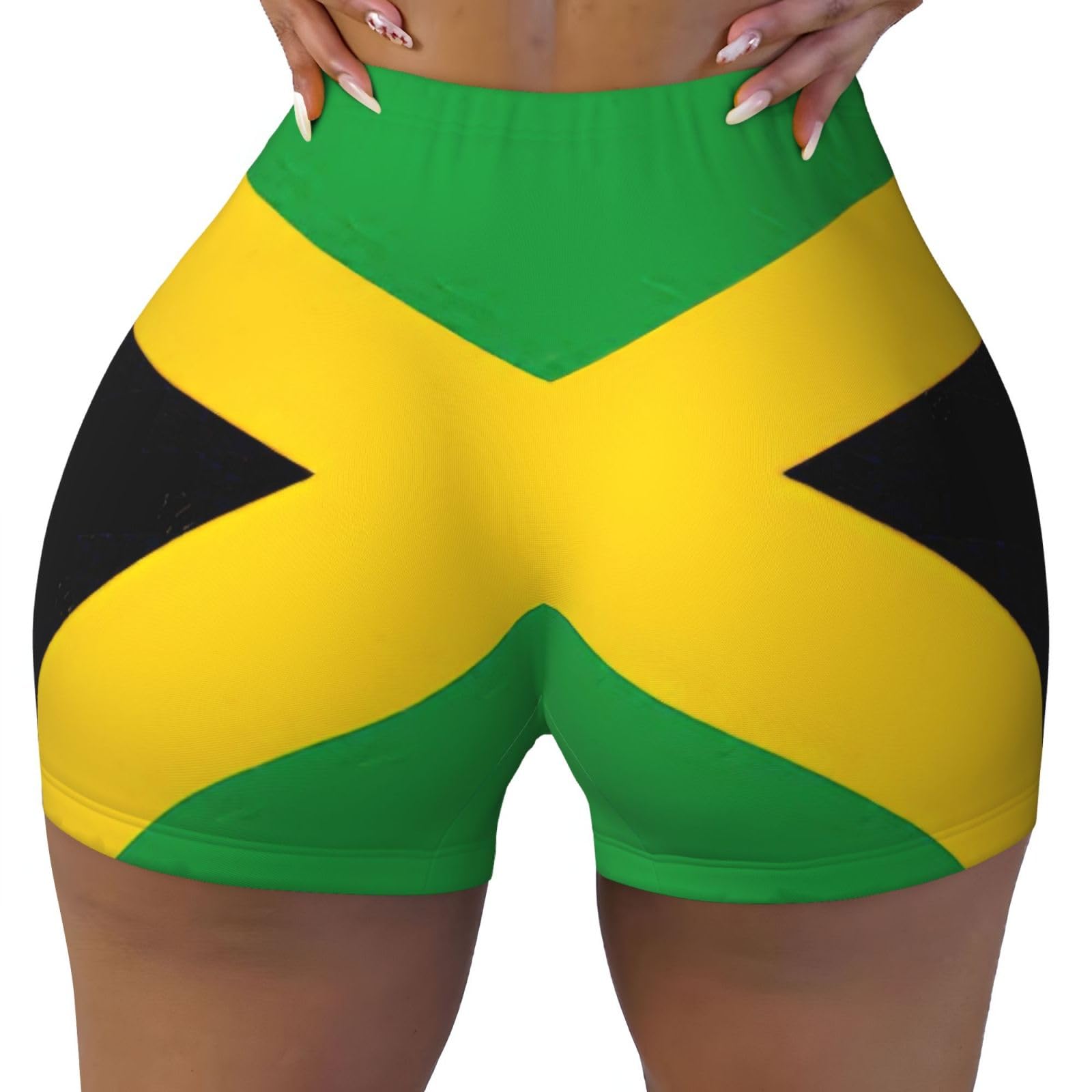 Ayyqwe Women's Black Jamaica Flag Print Workout Shorts Comfortable Stretch Yoga Running Practical Everyday Wear