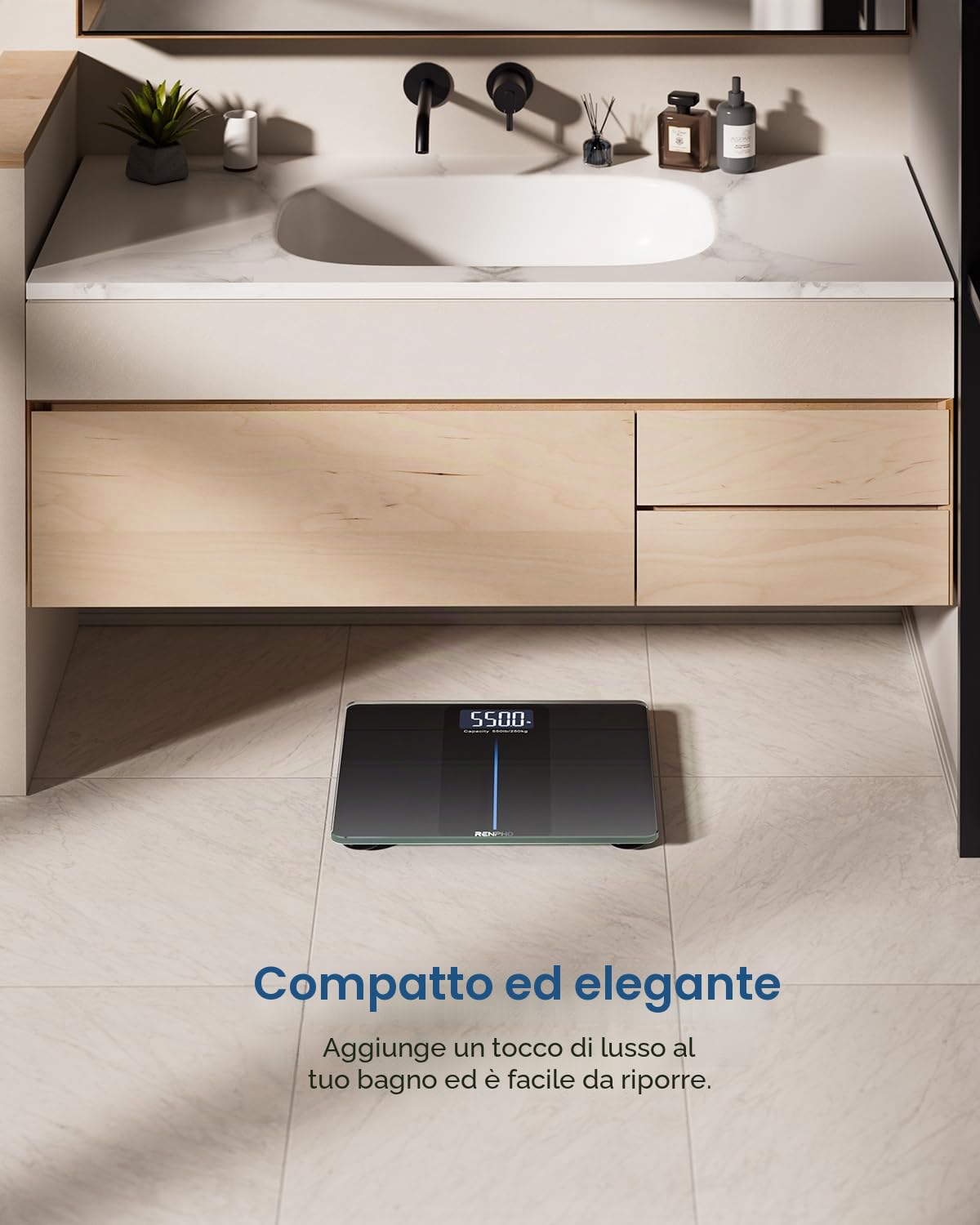 RENPHO Bilancia Pesapersone Digitale, Bilancia di Capacità ultra-grande, Max 250kg, Vetro Temperato da 8 mm, Ampio Display a LED, Massima precisione fino a 50g, 33x30 cm, Core 1 L