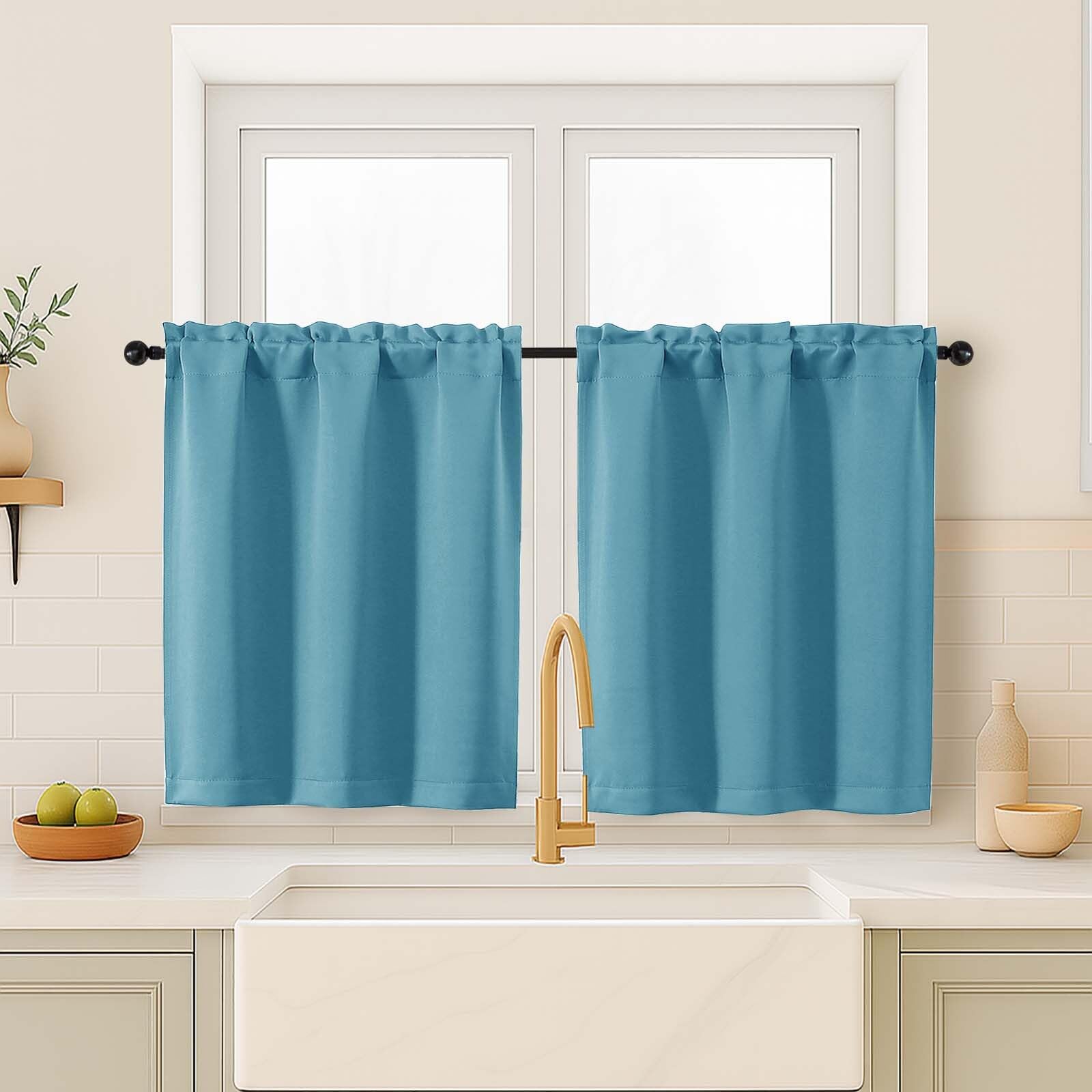 OVZME Turquoise Blackout Curtains for Small Window Treatment, Light Blocking Short Kitchen Window Curtains Over Sink, Dual Rod Pocket Half Window Tiers for Bathroom Basement, 2x40Wx36L Inches