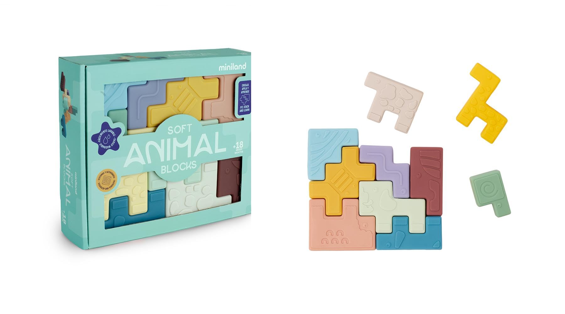MINILAND - Soft Animal Blocks: Educational and Sensory Puzzle for Babies, with Soft Animal Blocks, Texture, and Sound, From 18 Months