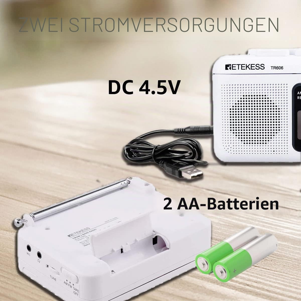 Retekess TR606 Tragbare Kassettenspieler,Tape Recorder,Kleines FM AM Radio,3,5 mm Kopfhöreranschluss,Schneller Vor- und Rücklauf,Alte Kassetten abspielen(Weiß)