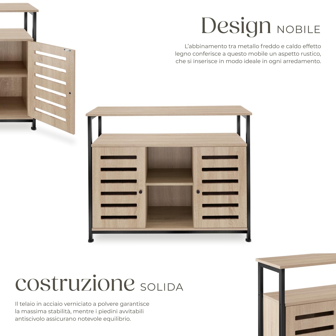 tectake® Credenza Cucina 100x37x82cm, Mobile Cucina, Dispensa Salvaspazio Armadio 2 ante, 2 Ripiani, Mensole Regolabili per Piatti e Pentole, Soggiorno, Sala da pranzo - Legno Industriale Chiaro