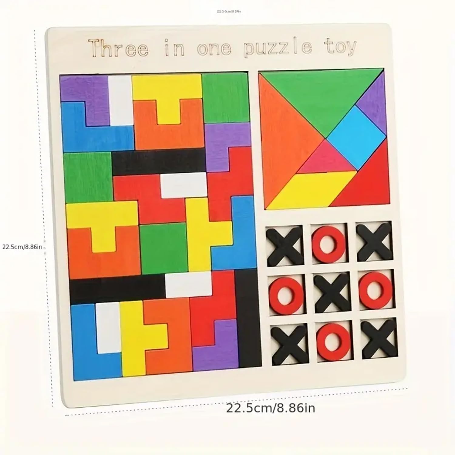 GaxQuly 3-in-1 Wooden Puzzle Board for Kids Children's Educational Colorful Square Tangram Game Chess Xo Tic-Tac-Toe Nine-Square Three-in-One Montessori Puzzle Set Building Blocks (Antique) 3