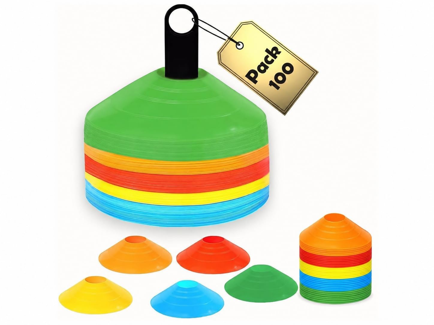 Soccer Cones 100/50/25 Pack with Carry Bag &amp; Holder Five Colors | Agility Disc Cones Set for Training | Sports Practice Equipment for Soccer, Football, Basketball, Coaching &amp; Speed