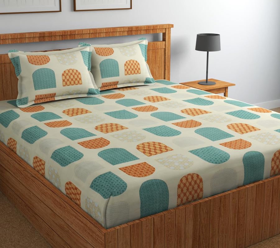 Image of la' amour Premium Pure Cotton 220 TC Flat Double Bed Printed Bedsheets for Summer Breathable | Wrinklefree (Size-220 x 230 Cm) with 2 Pillow Covers (Size-17 X 27 Inches, Beige & Green)| TC - 220