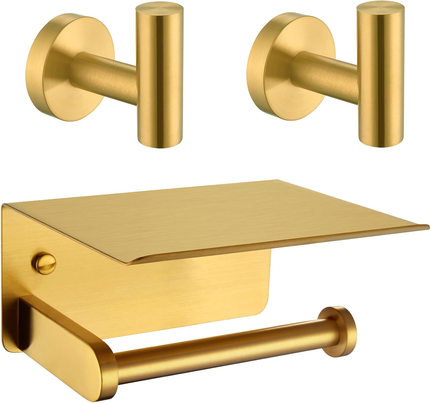 Bath Robe Hook 2 Pack and Toilet Paper Holder with Shelf Bundle, APLusee 304 Stainless Steel Wall Mounted Bathroom Accessories Brushed Gold