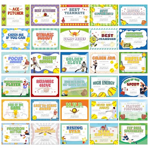 EYxsaxenk Softball Achievement Award Certificate - 60Pcs End of Season Softball Player Ceremony Award Sport Game Championship Paper Achievement Certificate for Student Reward Teacher Motivation Supply