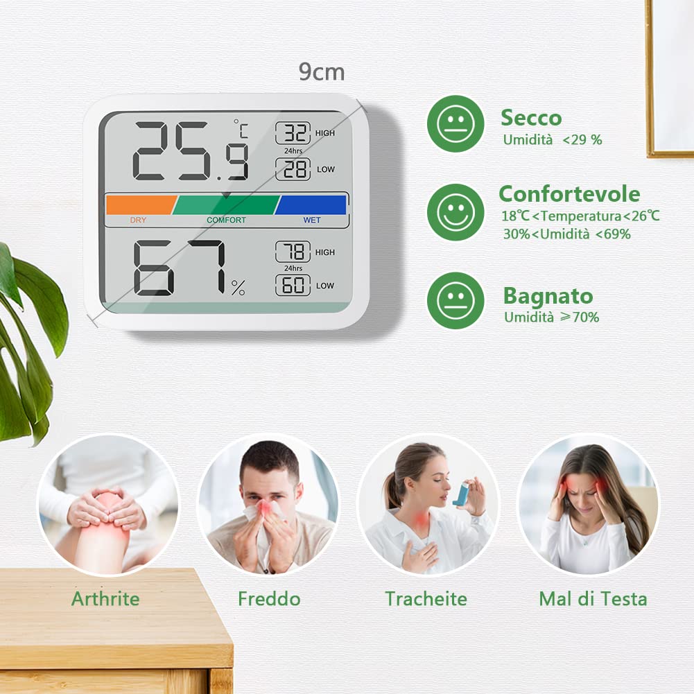 LIORQUE Igrometro Termometro Digitale Termometro Ambiente Interno Misuratore di umidità e Temperatura per Il Monitoraggio Ambiente in Casa e Ufficio Registrazioni Max/Min(Batteria Inclusa)