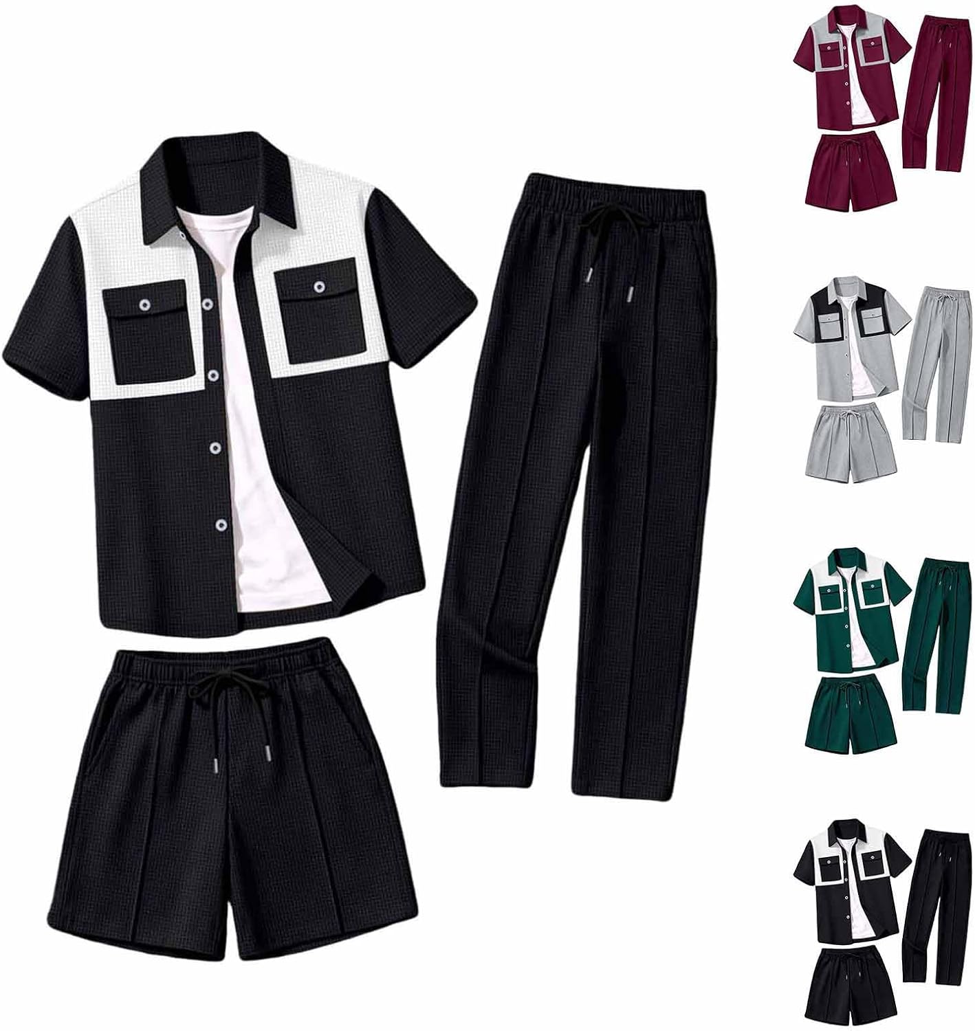 Cambkatl Men's 3 Piece Outfits, Waffle Knit Color Block Button Down Shirt & Straight Leg Sweatpants & Shorts Set with Pockets