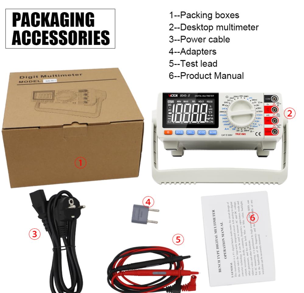 VICTOR VC8045-II Digital Bench Multimeter packaging and accessories