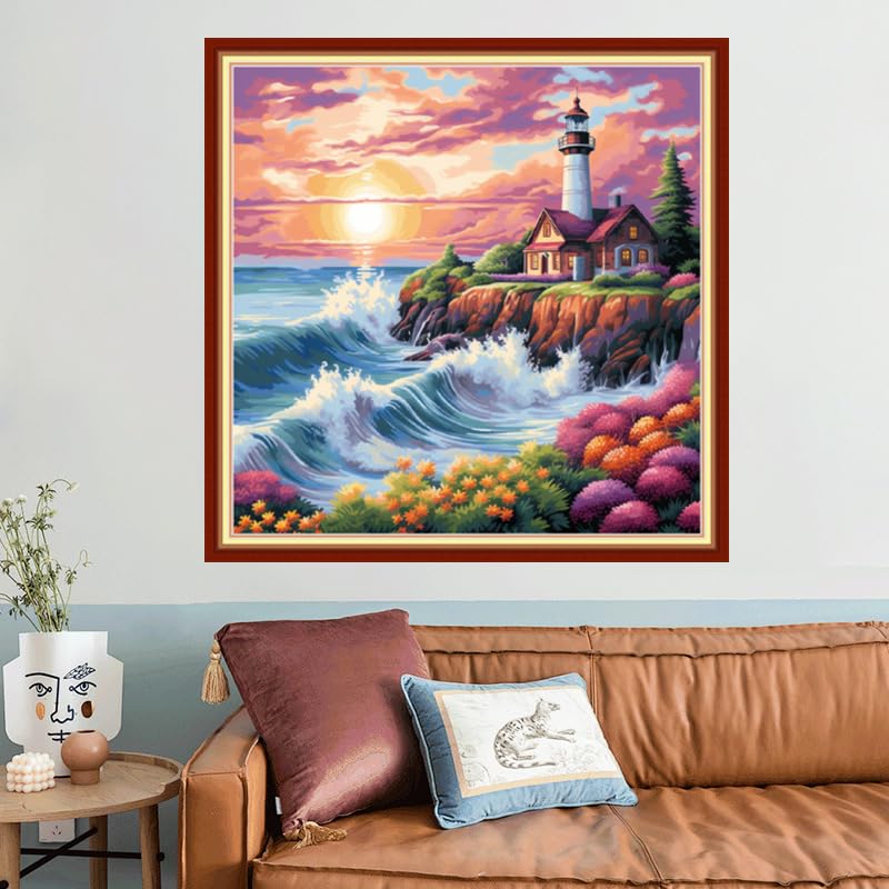 Image of Joyhoor Stamped Cross Stitch Kits for Beginners, Needlepoint Kits for Adults, 11CT Counted Embroidery Kits-Seaside Lighthouse 18x18 inchs
