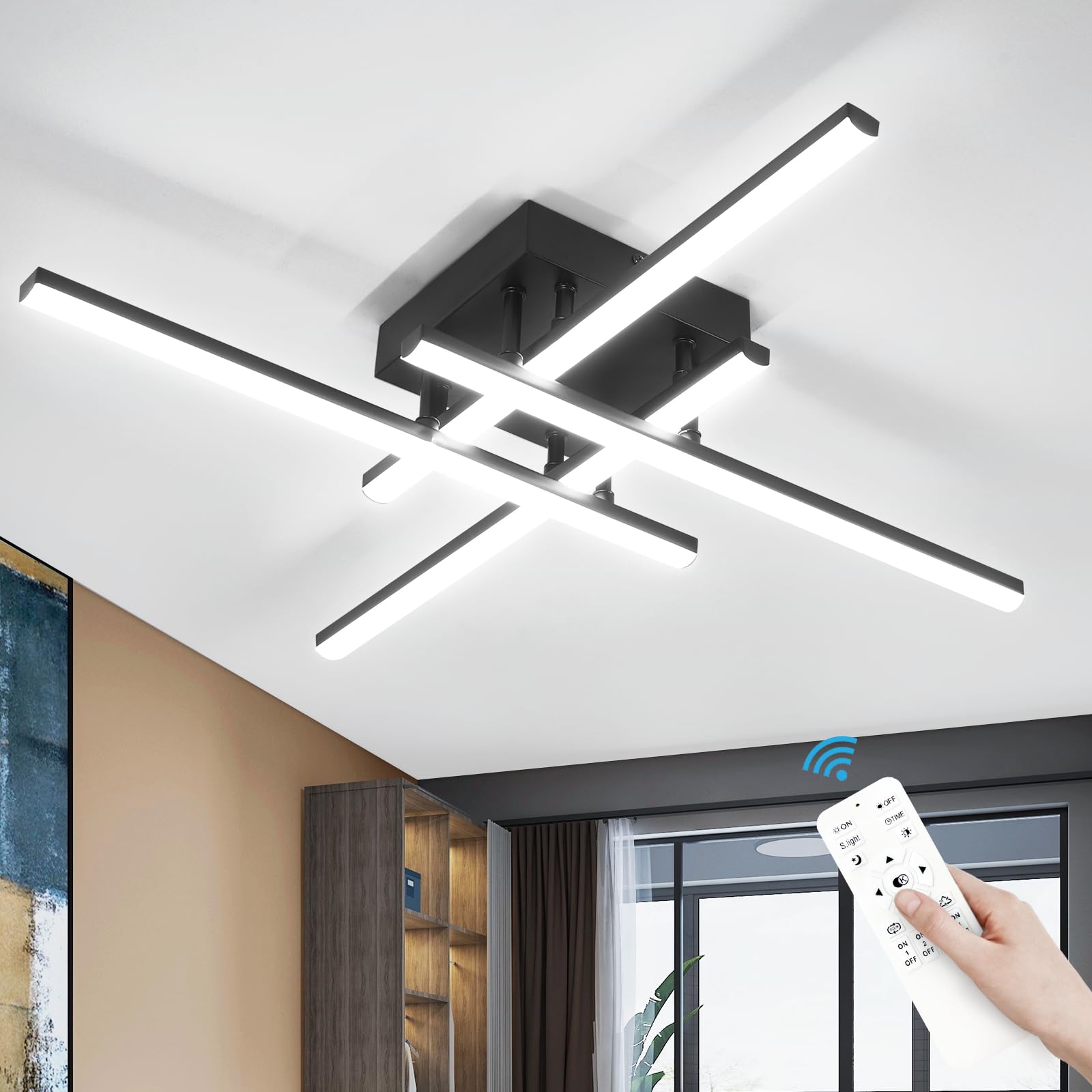 EIDISUNY Modern Dimmable Ceiling Light LED, 60cm 42W Black 4 Built-in LED Boards, 3000K-6000K, LED Dimmable Ceiling Lights Fixtures with Remote Control for Bedroom Hallway Living Room Corridor Kitchen