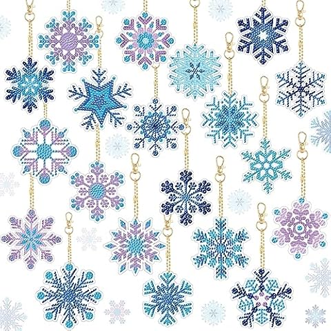 Tondiamo 20 Pcs Christmas Diamond Painting Keychain Kits 5D DIY Diamond Art Pendants Double Sided Hanging Diamond Painting Key Chains for Christmas Party Decoration Kids DIY (Snowflake Style) Cover