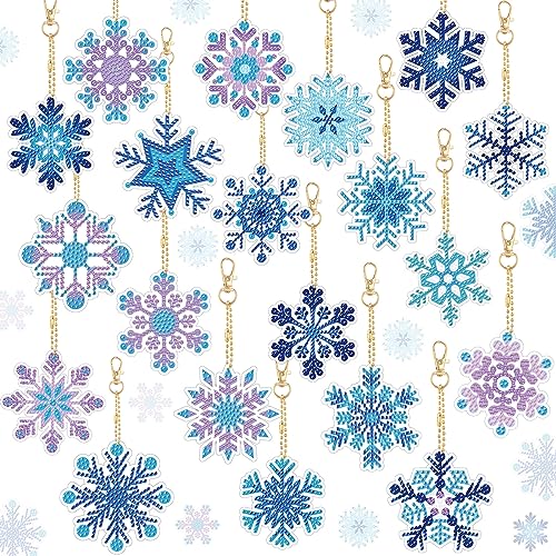 Tondiamo 20 Pcs Snowflake Diamond Painting Keychain Kits 5d DIY Winter Diamond Art Ornaments Pendants Double Sided Hanging Key Chains for Christmas Party Decoration Kids Art Crafts(Snowflake Style)