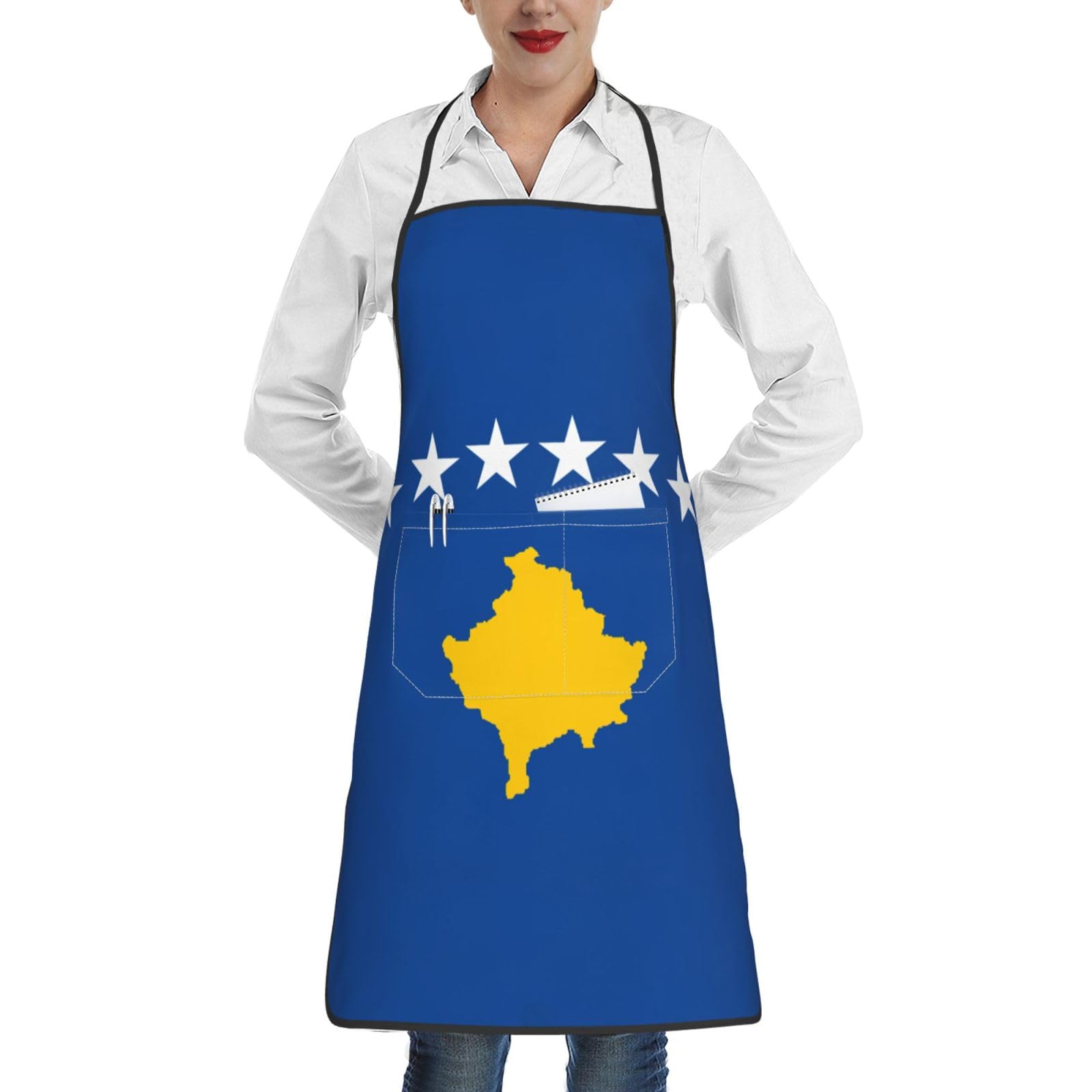 DUWAA Flag Of Kosovo Print Kitchen Cooking Aprons, Adjustable Bib Soft Chef Apron With 1 Pocket For Men Women