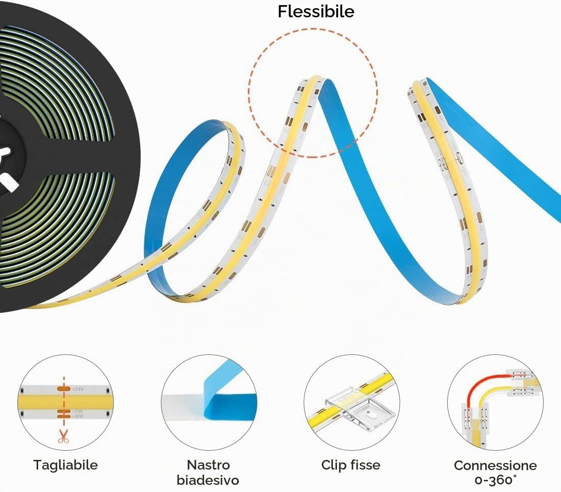 BTF-LIGHTING FCOB COB FOB flessibile ad alta densità CCT striscia LED 2x5M 640LEDs/m DC24V 14W/M sintonizzabile 3000K-6000K CRI＞90 luce di strisce LED dimmerabile per la decorazione (solo striscia)