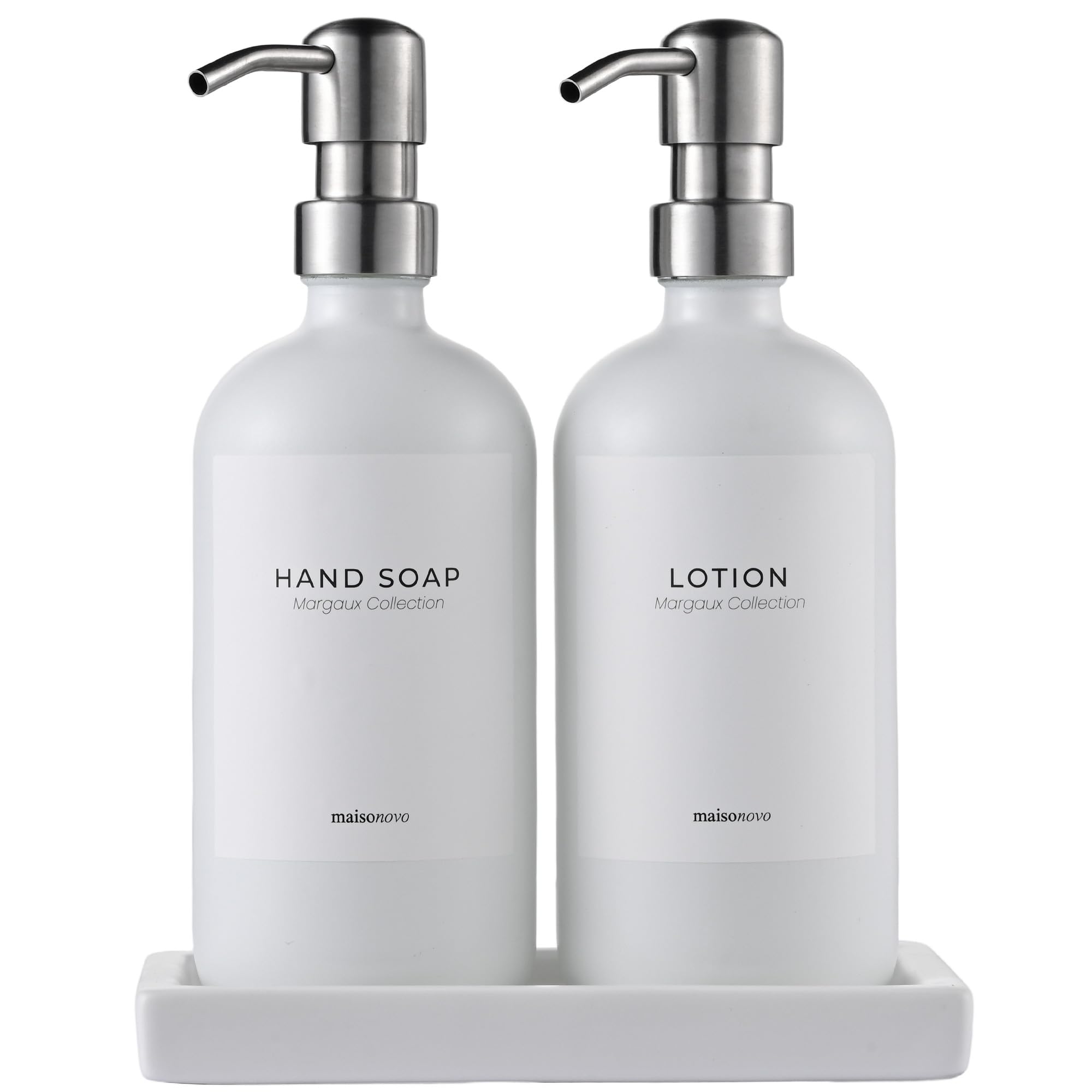 Maisonovo White Bottles Silver Pumps + White Ceramic Tray Glass Hand Soap Dispenser Bathroom Countertop Set - 500 Ml White Soap And Lotion Dispenser Set With Silver Pump X 2, White Ceramic Tray And Waterproof Labels