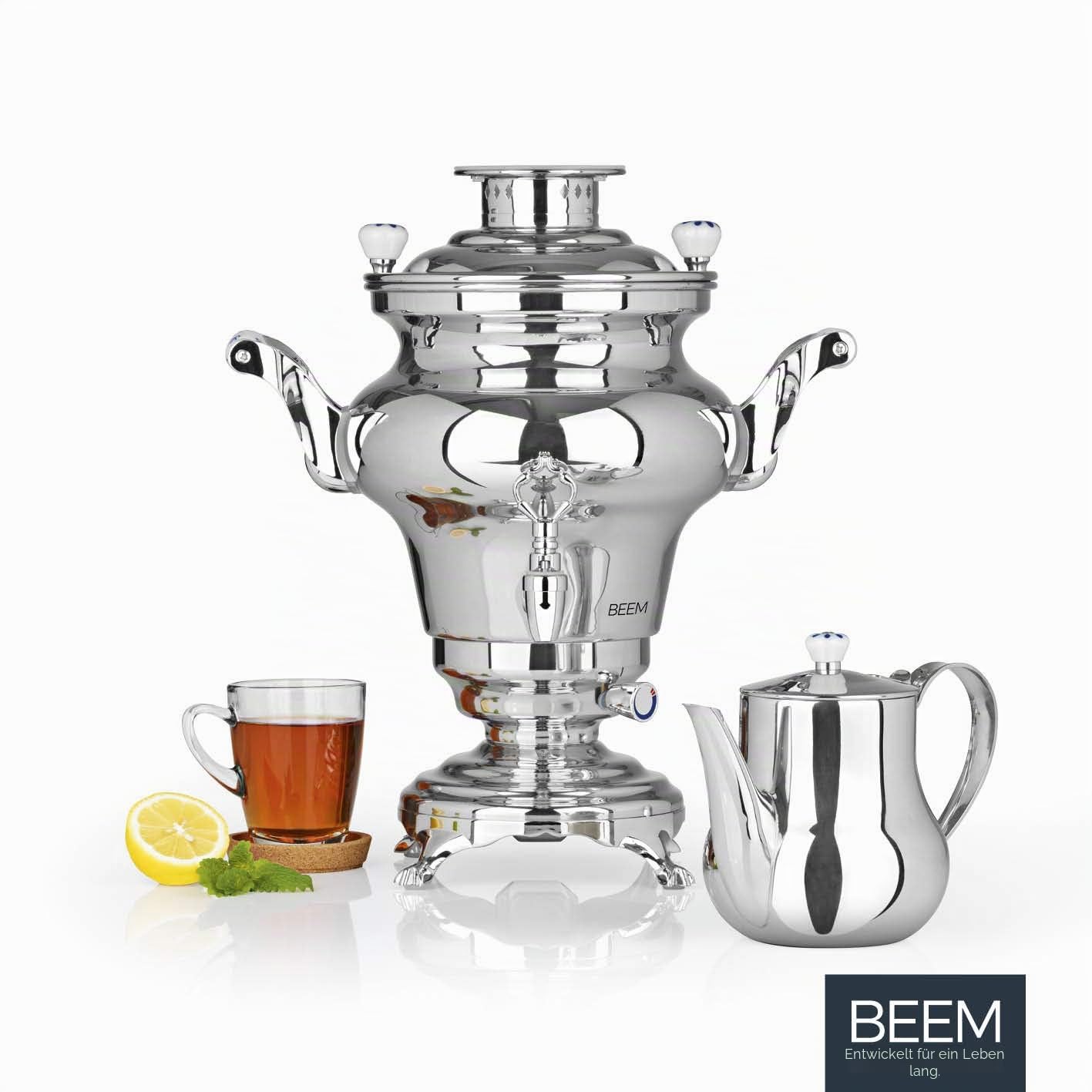 BEEM SAMOWAR Rebecca - 5 l, Teekocher elektrisch, Edelstahl, 5 l Wasserbehälter, 1,3 l Teekanne, Privat, Hotel & Gastro geeignet, Silber