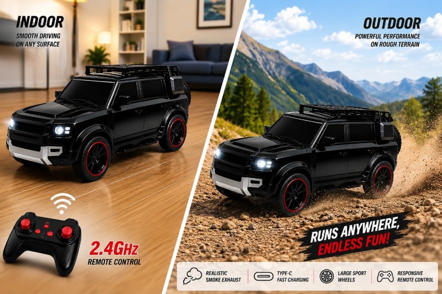 Image of SUV Defender Remote Control RC Car with Real Smoke | High Speed Racing Toy with LED Lights | Rechargeable Battery | Fully Functional RC Vehicle for Kids Boys & Girls