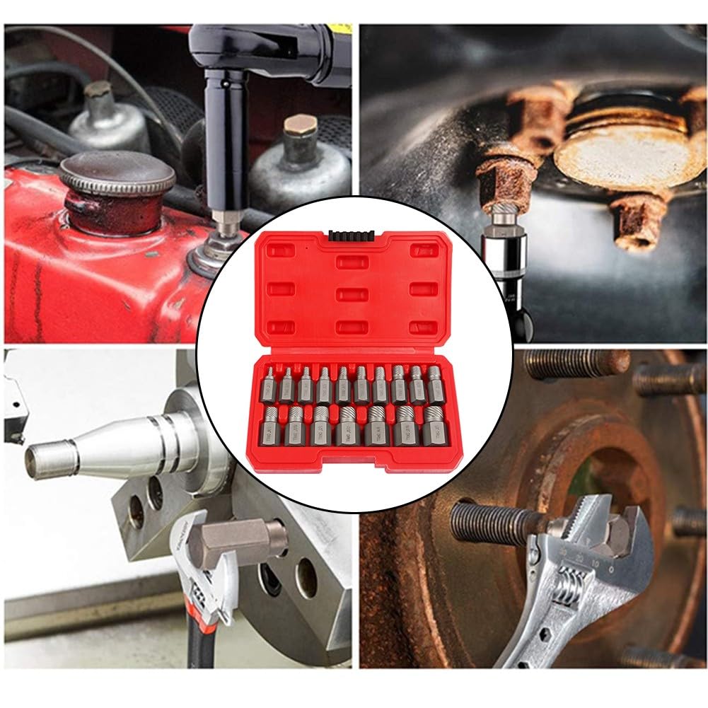 EasyByMall Juego de 17 extractores de tornillos, removedor de pernos rotos dañados con cabeza hexagonal, extractores de flauta en espiral de metal para reparación de automóviles, garaje, renovación