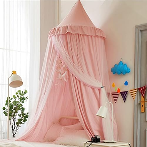 VETHIN Toldo de cama para niños con luces, doble capa de cúpula redonda de princesa para niños, mosquitera de ensueño, habitación de niñas,
