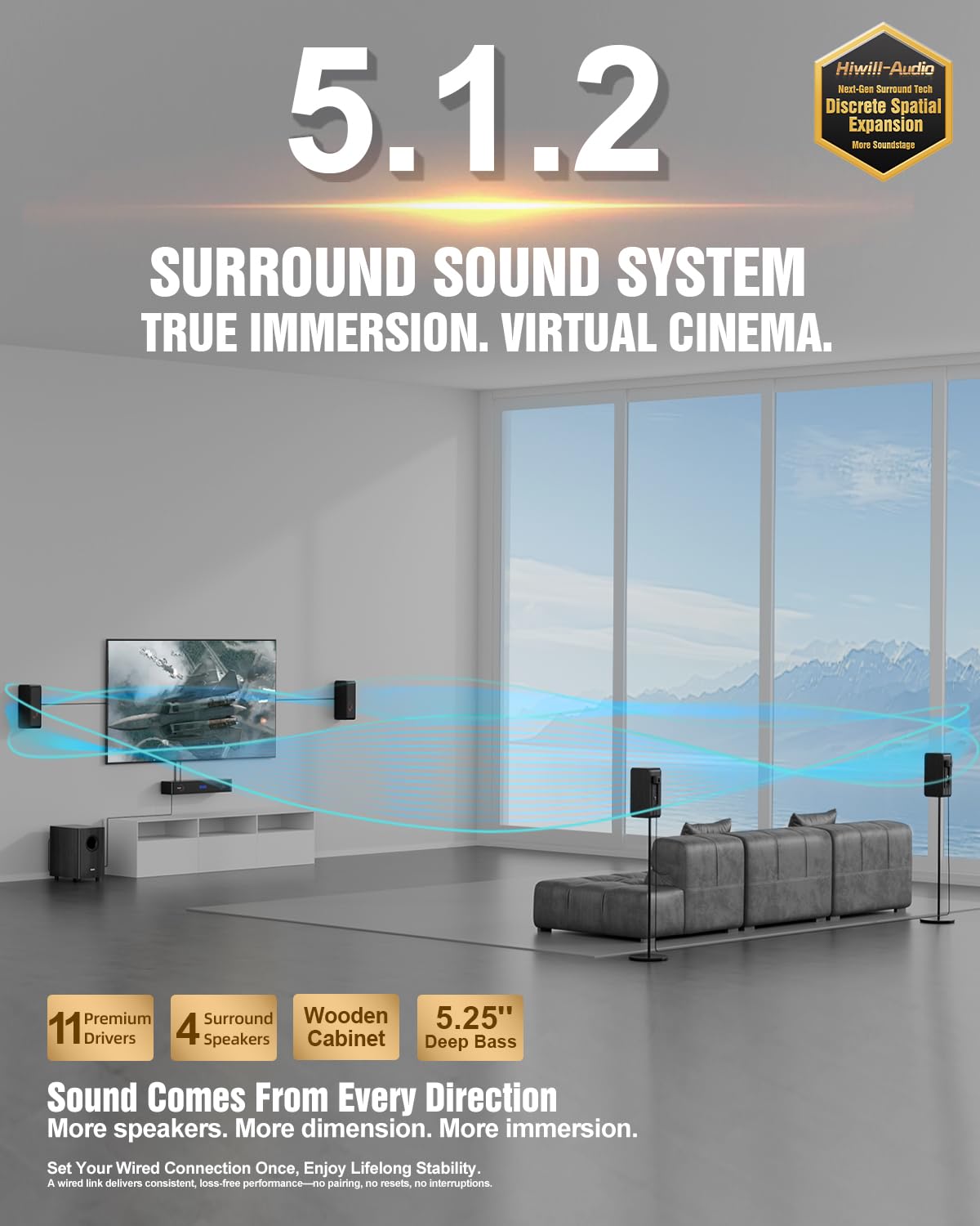 Drewniane soundbary 5.1.2, 4 głośniki surround, moc szczytowa 400 W, system dźwięku przestrzennego głośnika telewizyjnego, soundbar do Smart TV z subwooferem, głęboki bas, system kina domowego ARC/OPT